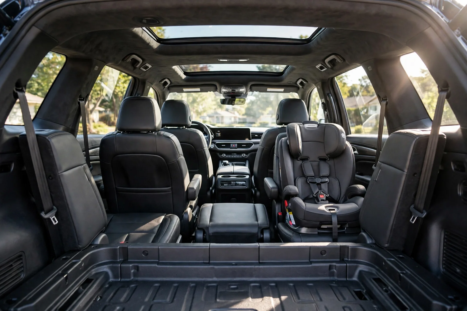 The three rows of seats inside a modern family SUV, seen from the open rear door