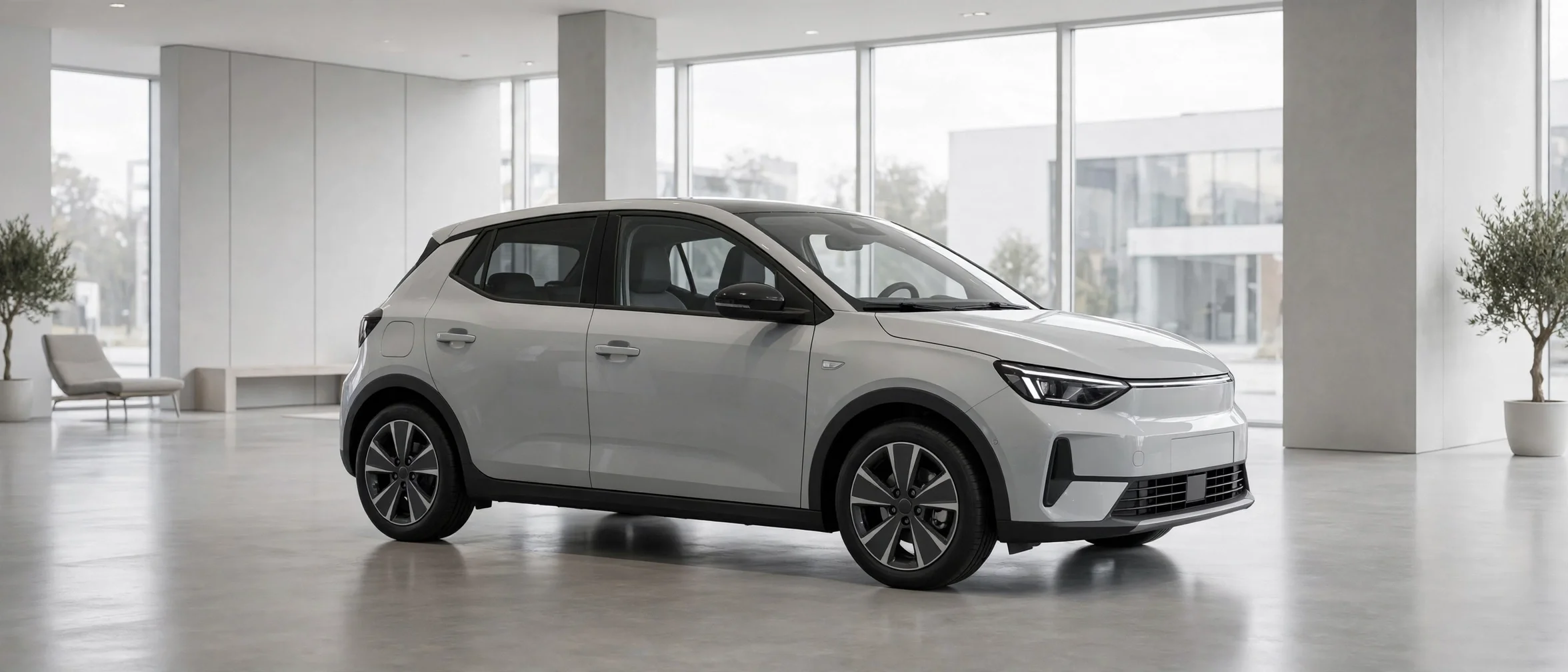 A new Volkswagen-style hatchback in a minimalist showroom