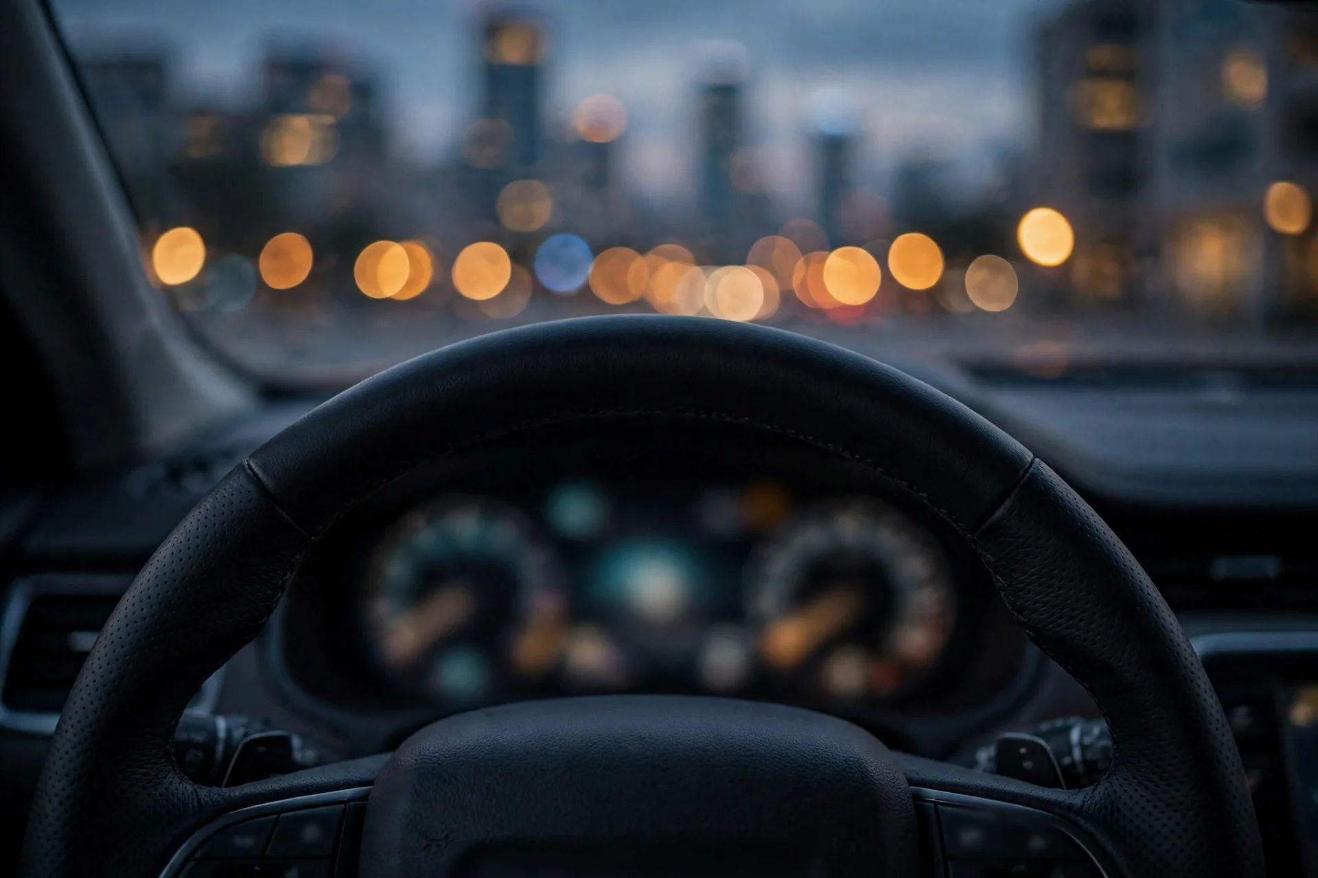 A car dashboard and steering wheel at dusk, gauges softly out of focus