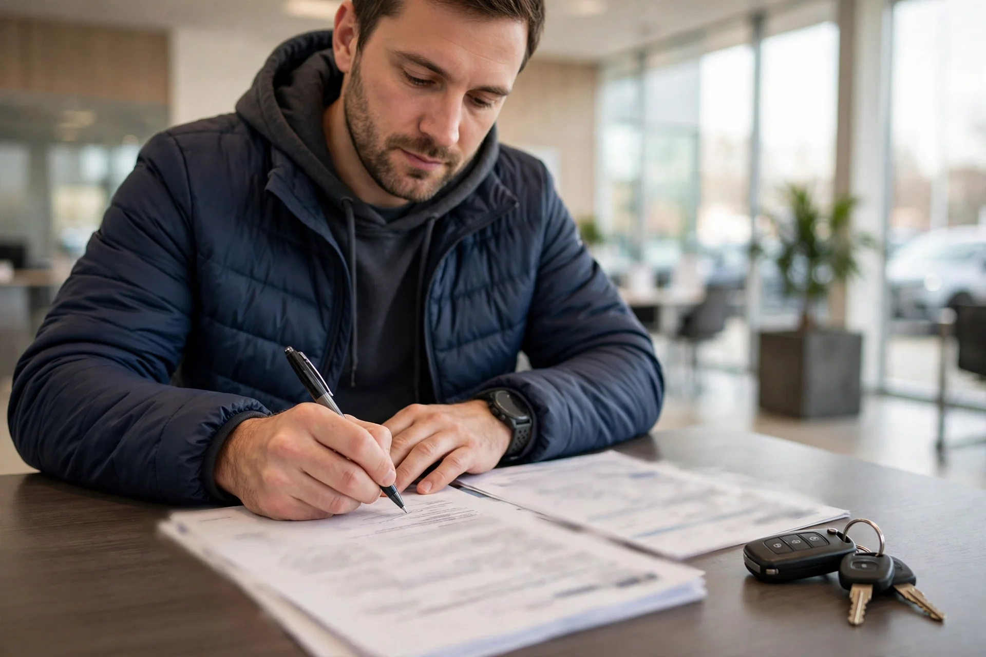 Buyer signing purchase paperwork at a dealership finance desk
