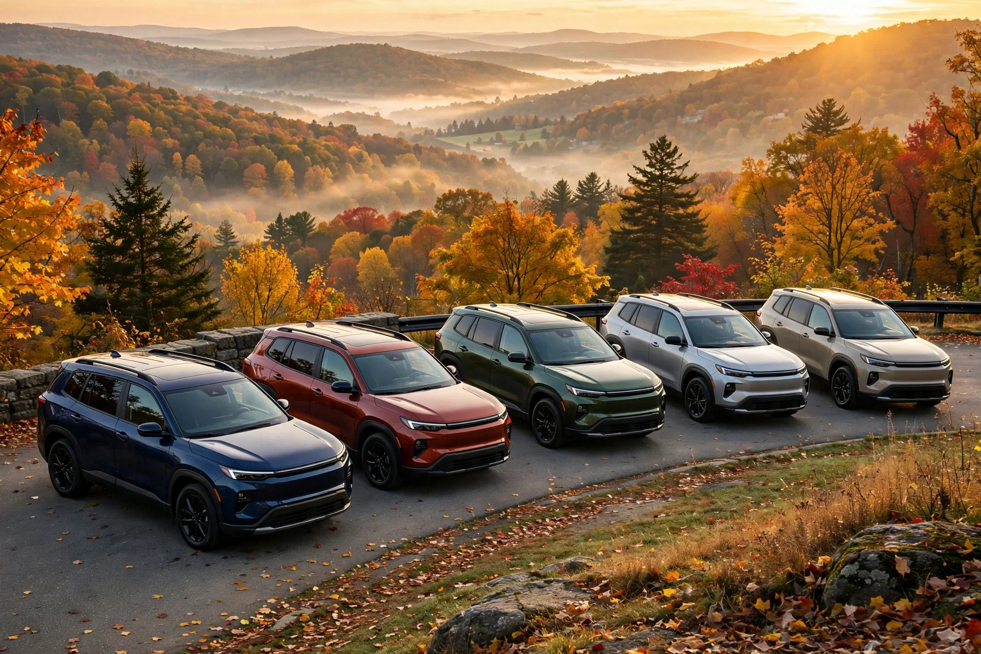 A lineup of five three-row SUVs in different colors on an overlook road at sunrise