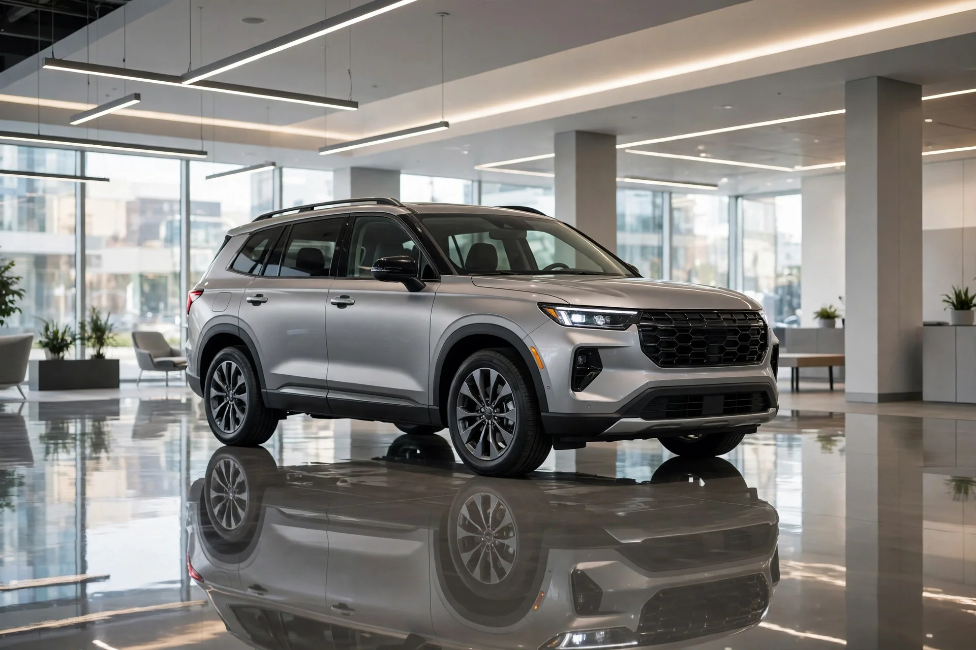 A new Kia Sorento-style midsize three-row SUV in a dealership showroom.