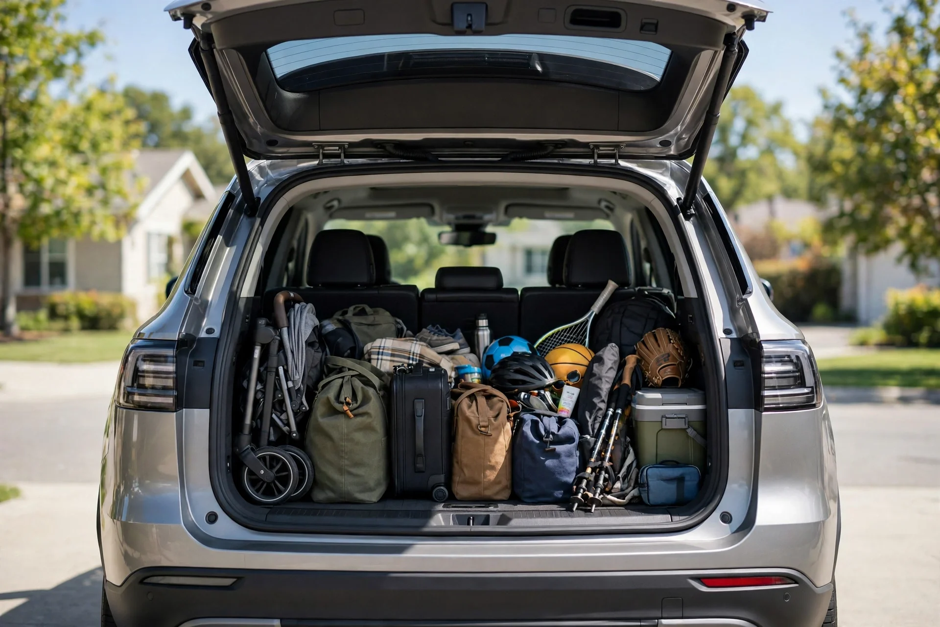 The open cargo area of a three-row SUV with the third row folded, loaded with luggage and family gear