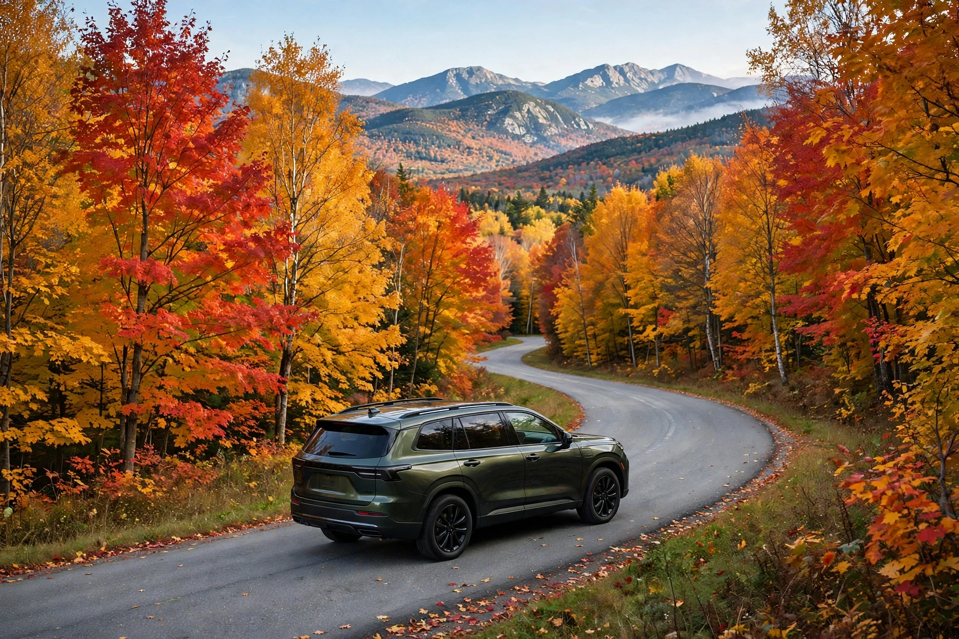 A Kia Sorento-style midsize three-row SUV on a scenic New Hampshire road in autumn foliage.