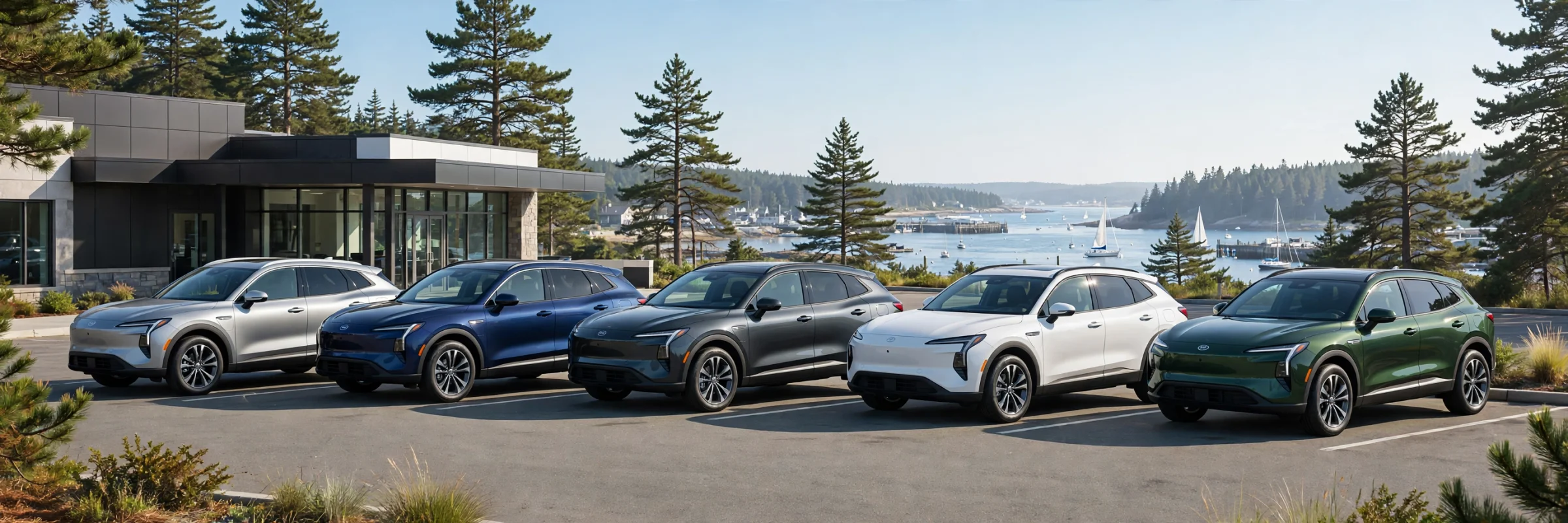 New Kia SUVs outside a dealership near Portland Maine in the morning