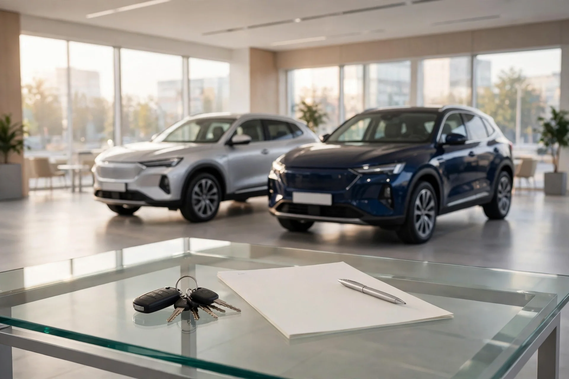 Two new SUVs side by side in a bright dealership showroom, with keys and a lease contract on a desk in the foreground