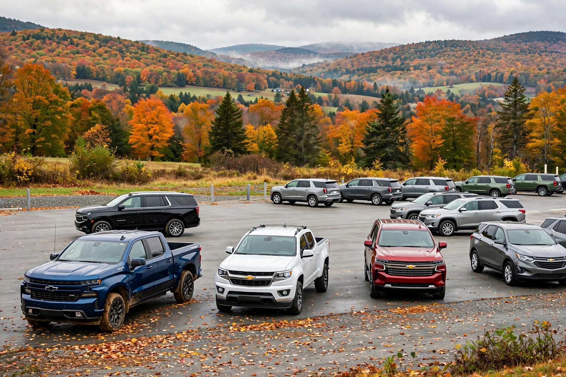 Chevrolet dealership in New Hampshire in autumn with pickup trucks and SUVs