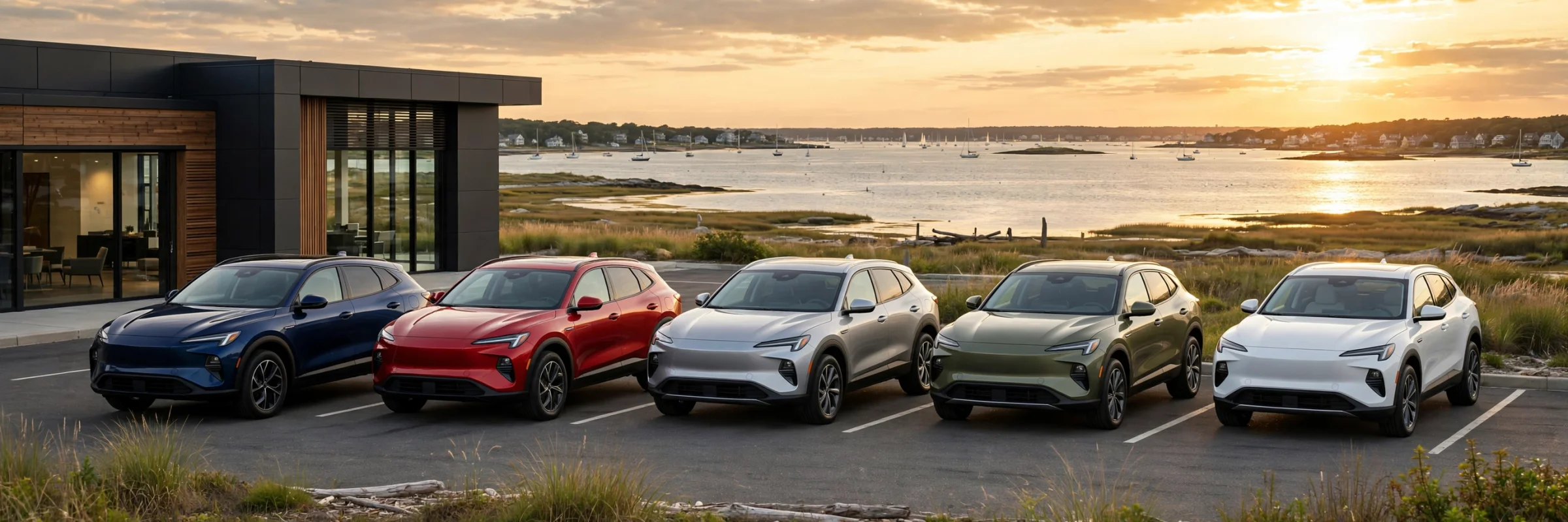 Five SUVs in blue, red, silver, green and white parked in front of a modern dealership showroom overlooking the water at sunset.