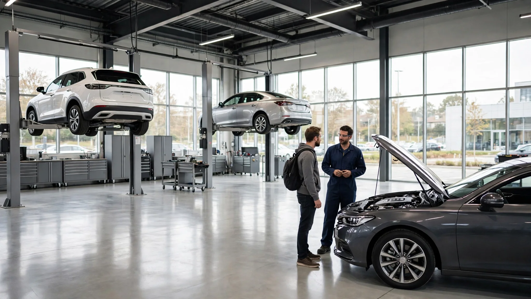 A modern dealership service department with cars on lifts and a technician talking with a customer