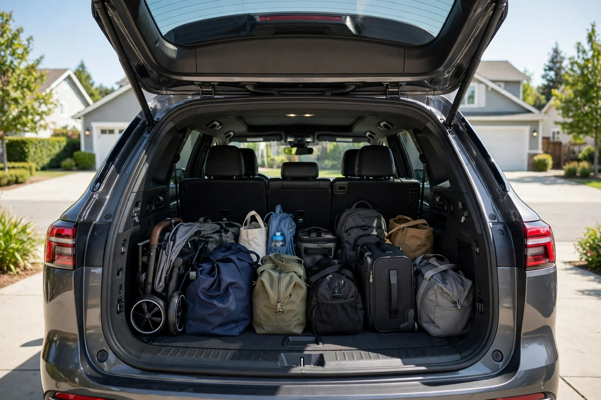 Open cargo area of a three-row SUV loaded with family luggage