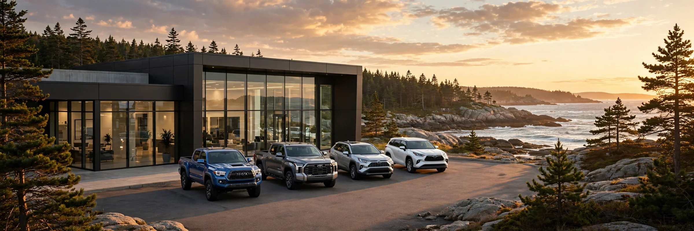 Toyota dealership showroom in Maine with new Toyota trucks and SUVs on display