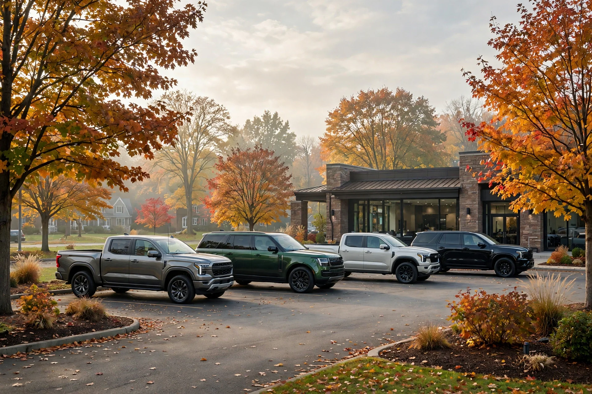 New GMC trucks and Buick SUVs outside a dealership in Rhode Island in the morning