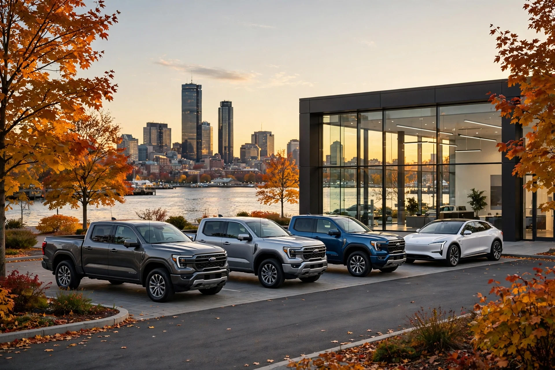 New Ford trucks and SUVs at a Boston-area dealership in October.