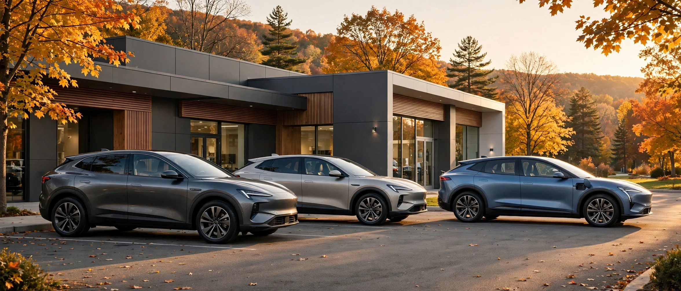 New Hyundai SUVs outside a Hartford Connecticut dealership at golden hour