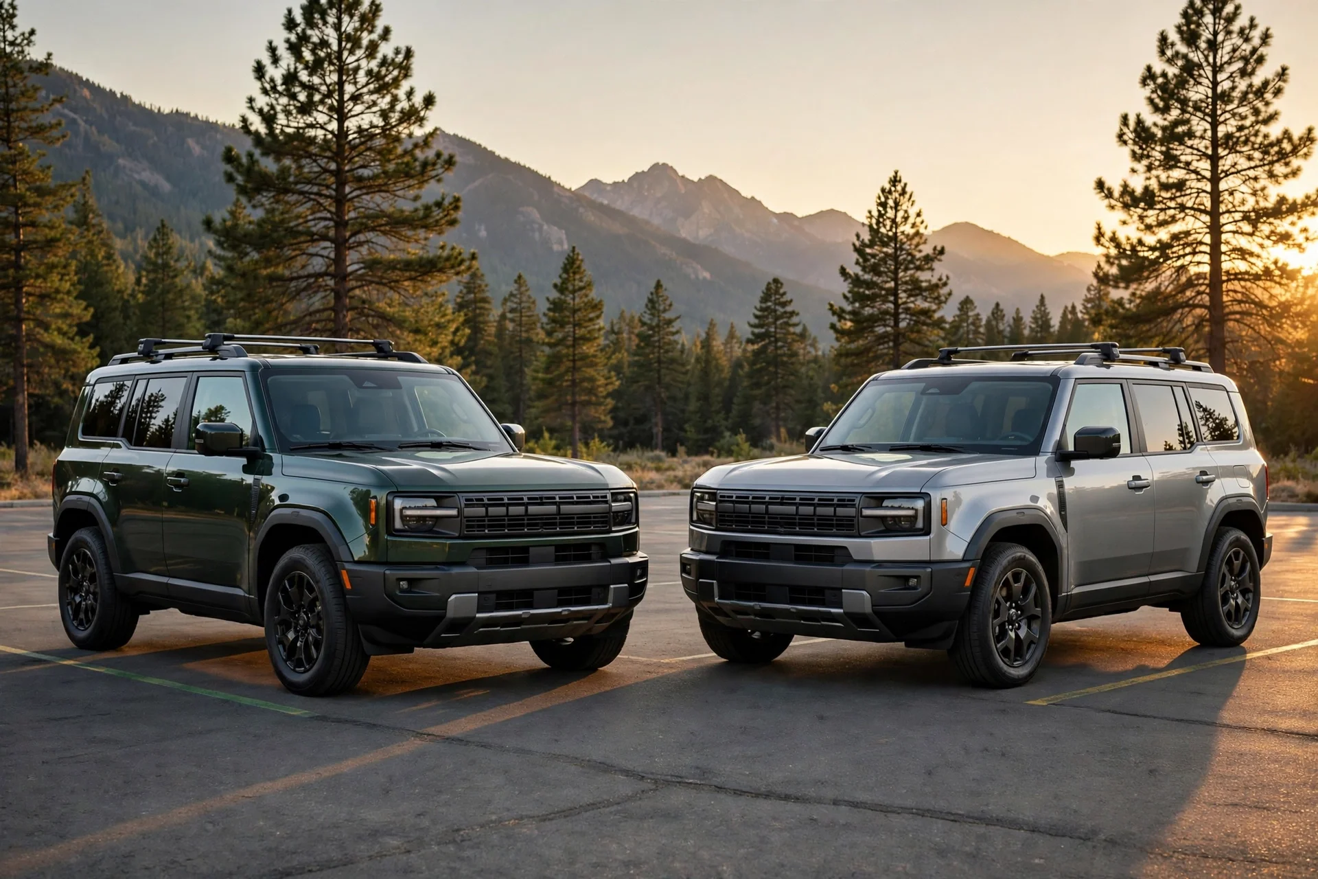 Two boxy three-row SUVs, one dark green and one silver, parked side by side in a mountain lot at sunset