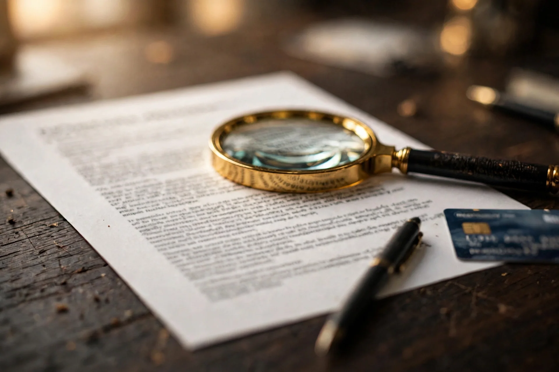 A printed reservation agreement under a magnifying glass, with a pen and credit card beside it