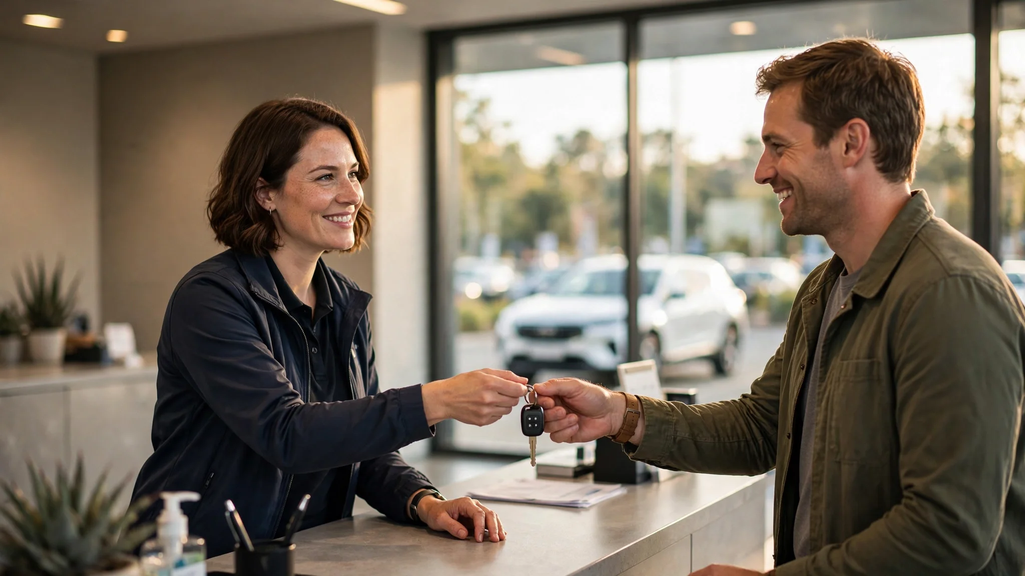 A service advisor handing car keys back to a customer at a dealership service counter