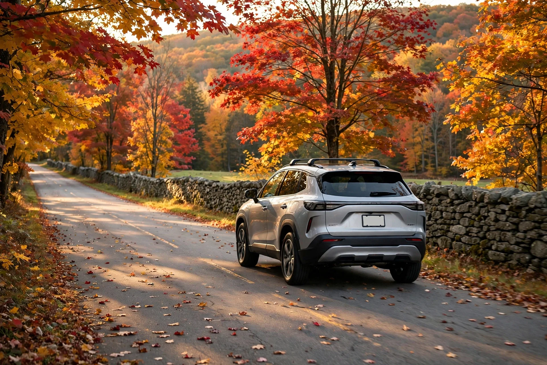 A silver hybrid SUV on a two-lane New England road in autumn