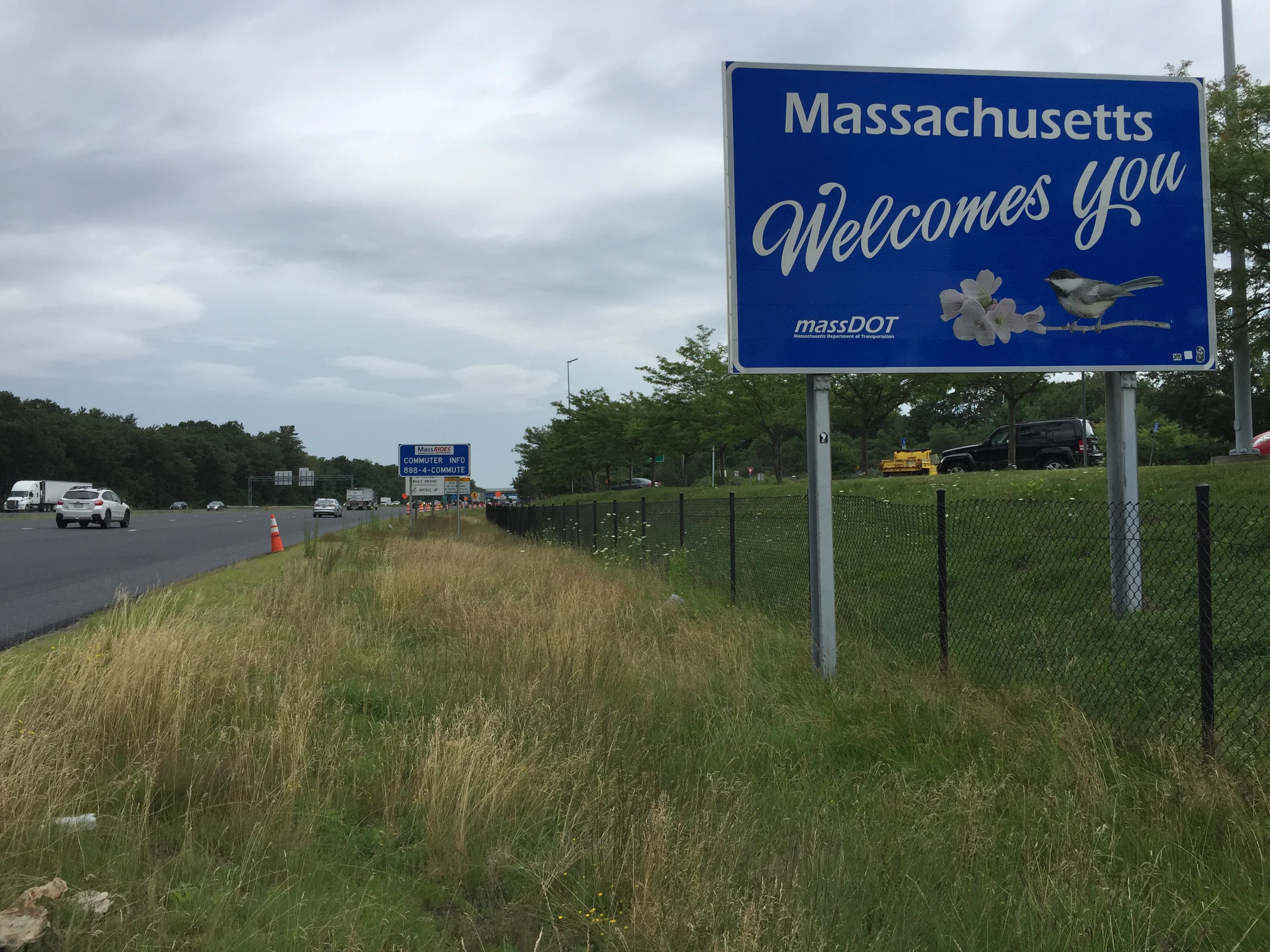 Interstate 95 crossing from Seabrook, New Hampshire into Salisbury, Massachusetts at the state line