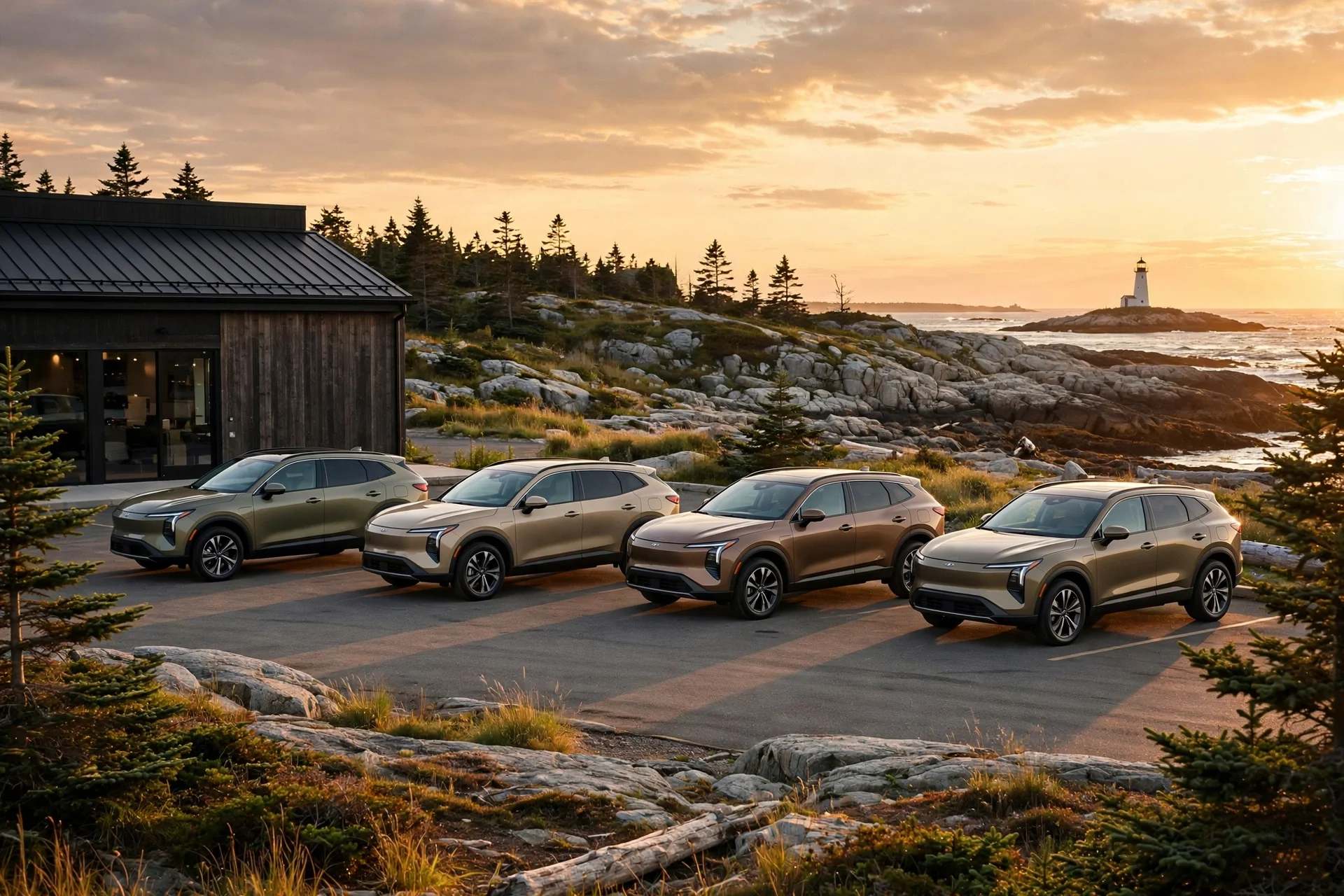 New Subaru SUVs outside a dealership on the Maine coast near Portland