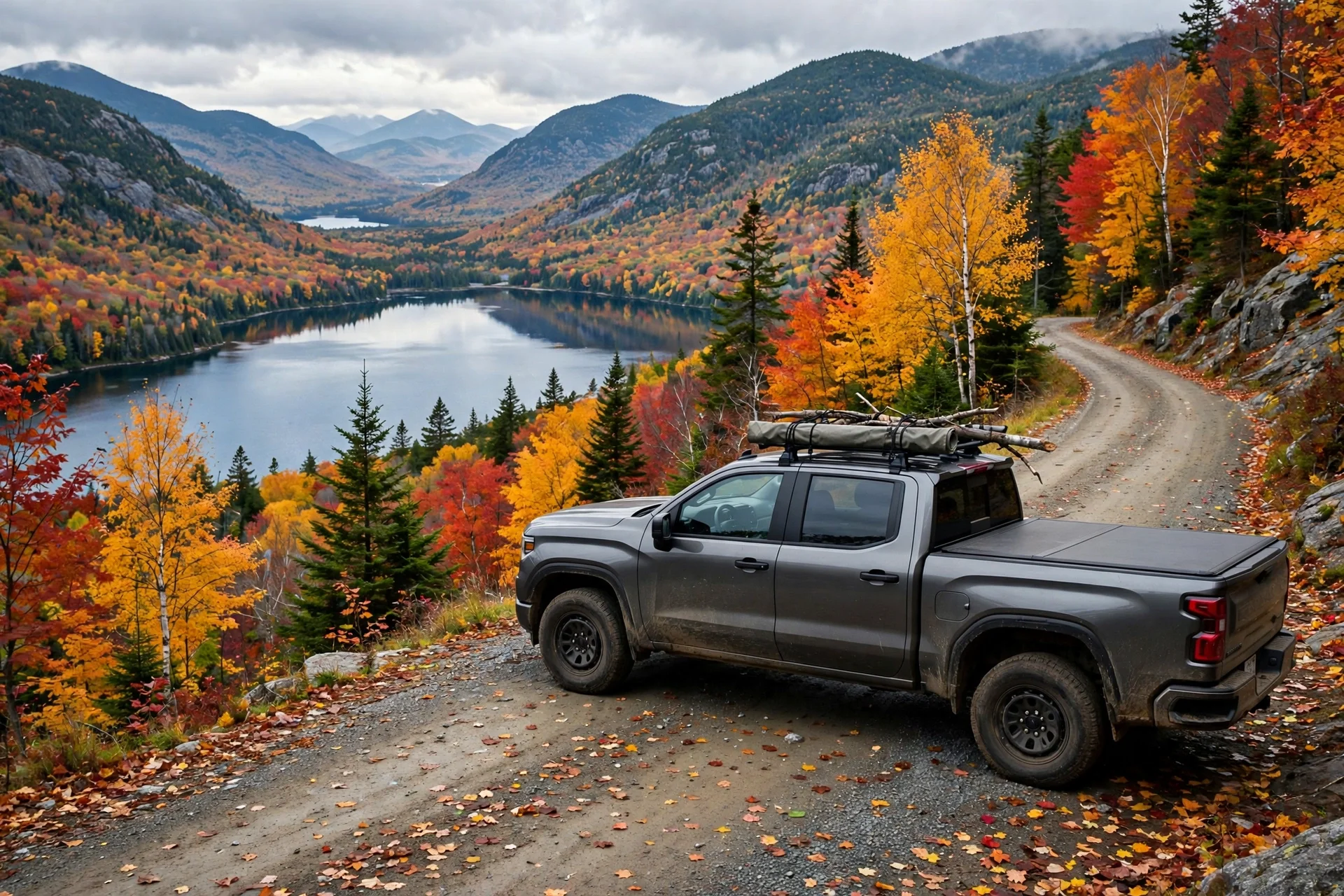 Chevrolet Silverado 1500 pickup truck on a New Hampshire mountain road in autumn
