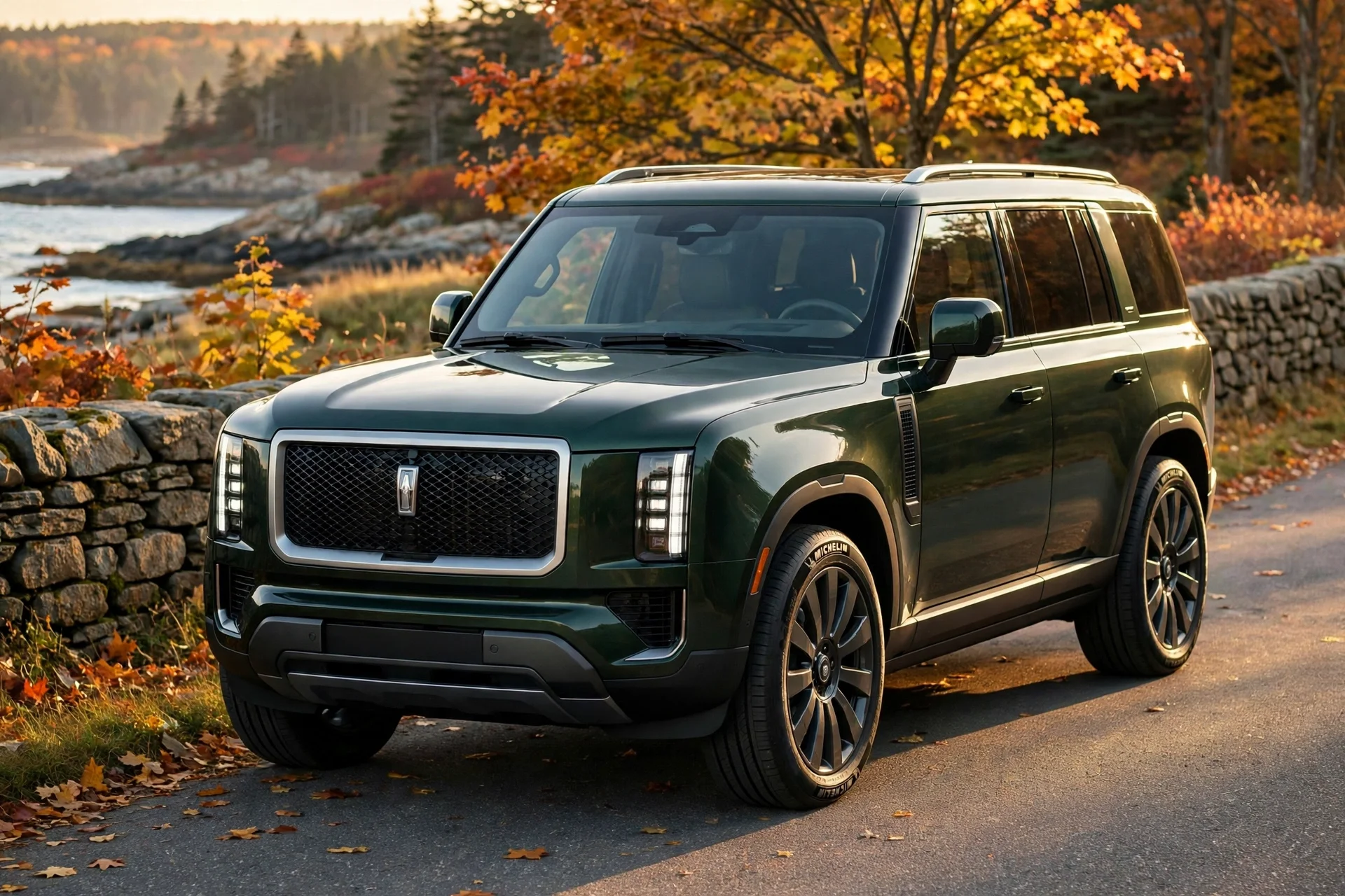 The redesigned 2027 Kia Telluride three-row SUV in dark green on a New England road in autumn