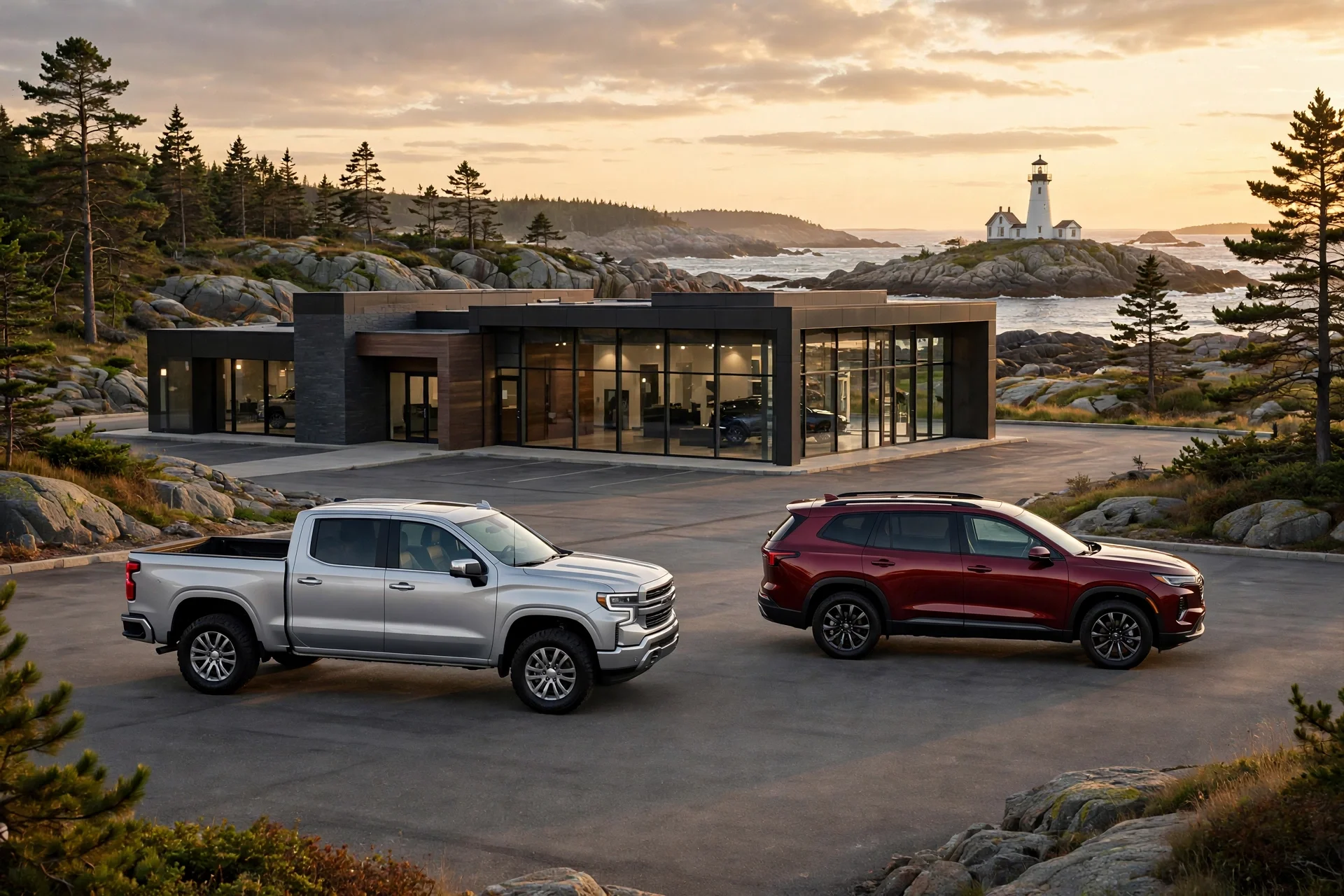 Chevrolet dealership on the rocky Maine coast at sunset