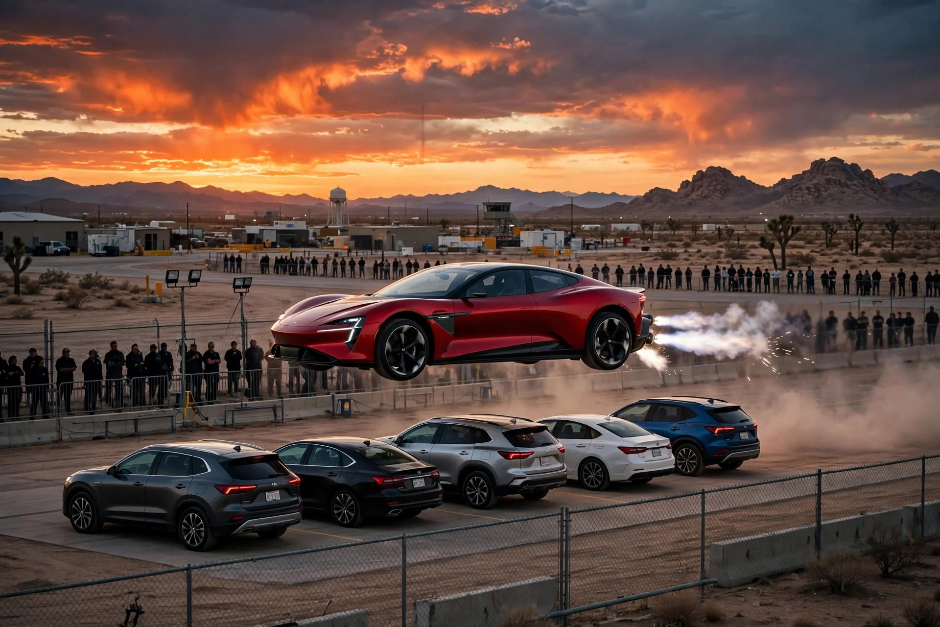 A red electric sports car leaping over a row of parked cars on thruster jets at a Texas test facility