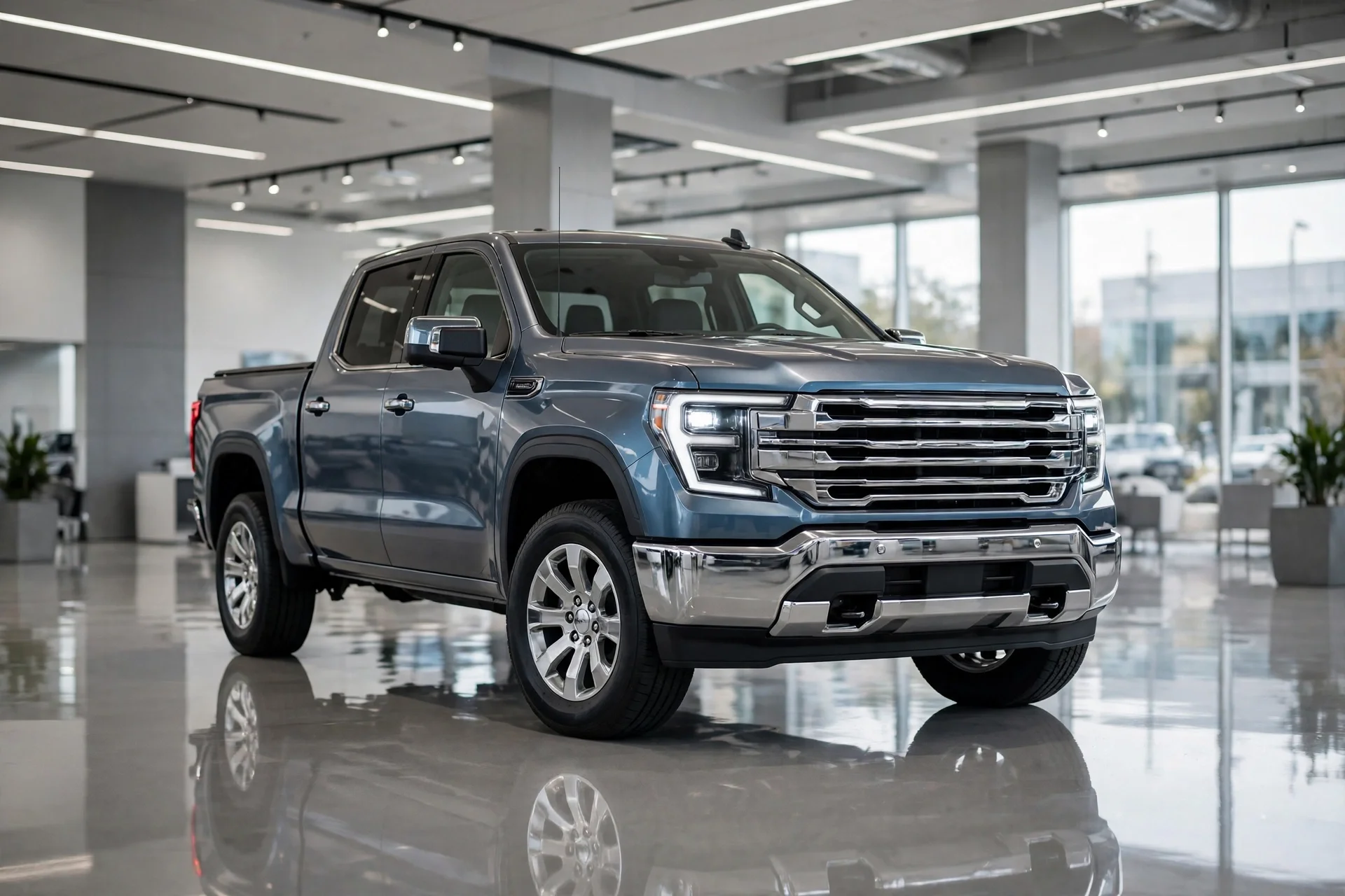 A new GMC Sierra 1500-style full-size pickup truck in a dealership showroom.