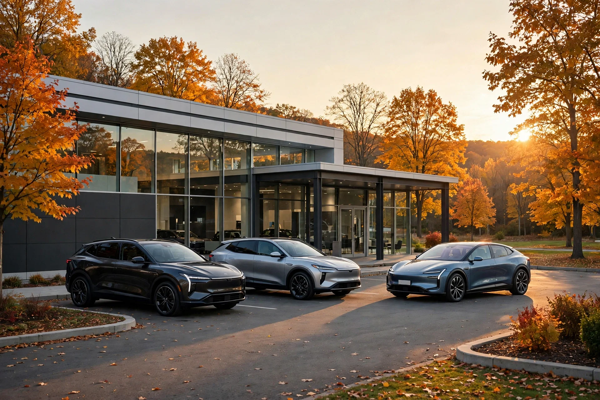 New Kia SUVs outside a Hartford Connecticut dealership at golden hour