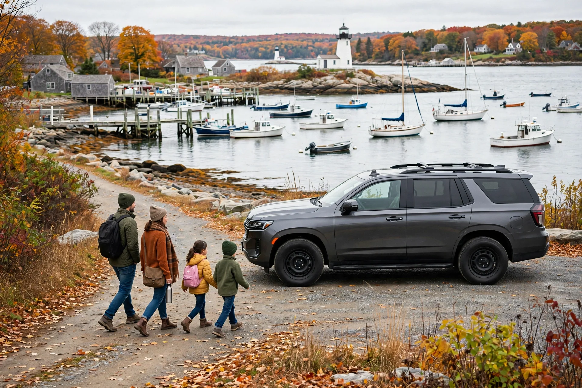 A Hyundai Palisade-style three-row SUV near a New England coastal harbor in autumn.