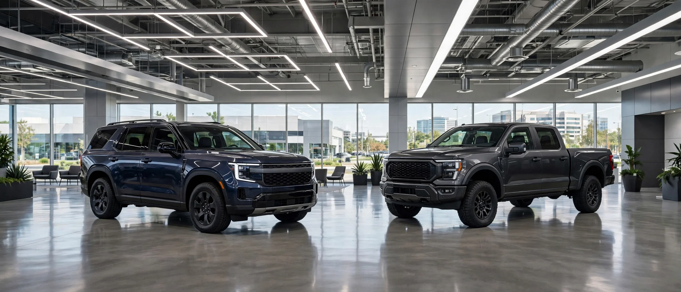 A full-size SUV and pickup truck in a modern dealership showroom