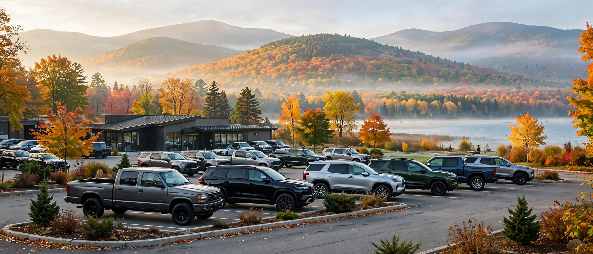 New Chevrolet trucks and SUVs outside a dealership near Burlington Vermont with the Green Mountains behind