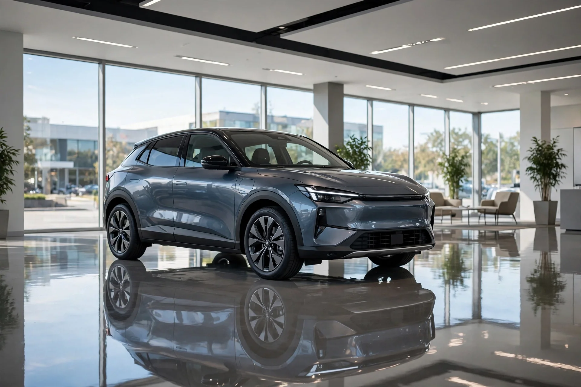 A new Kia-style compact SUV in a bright dealership showroom