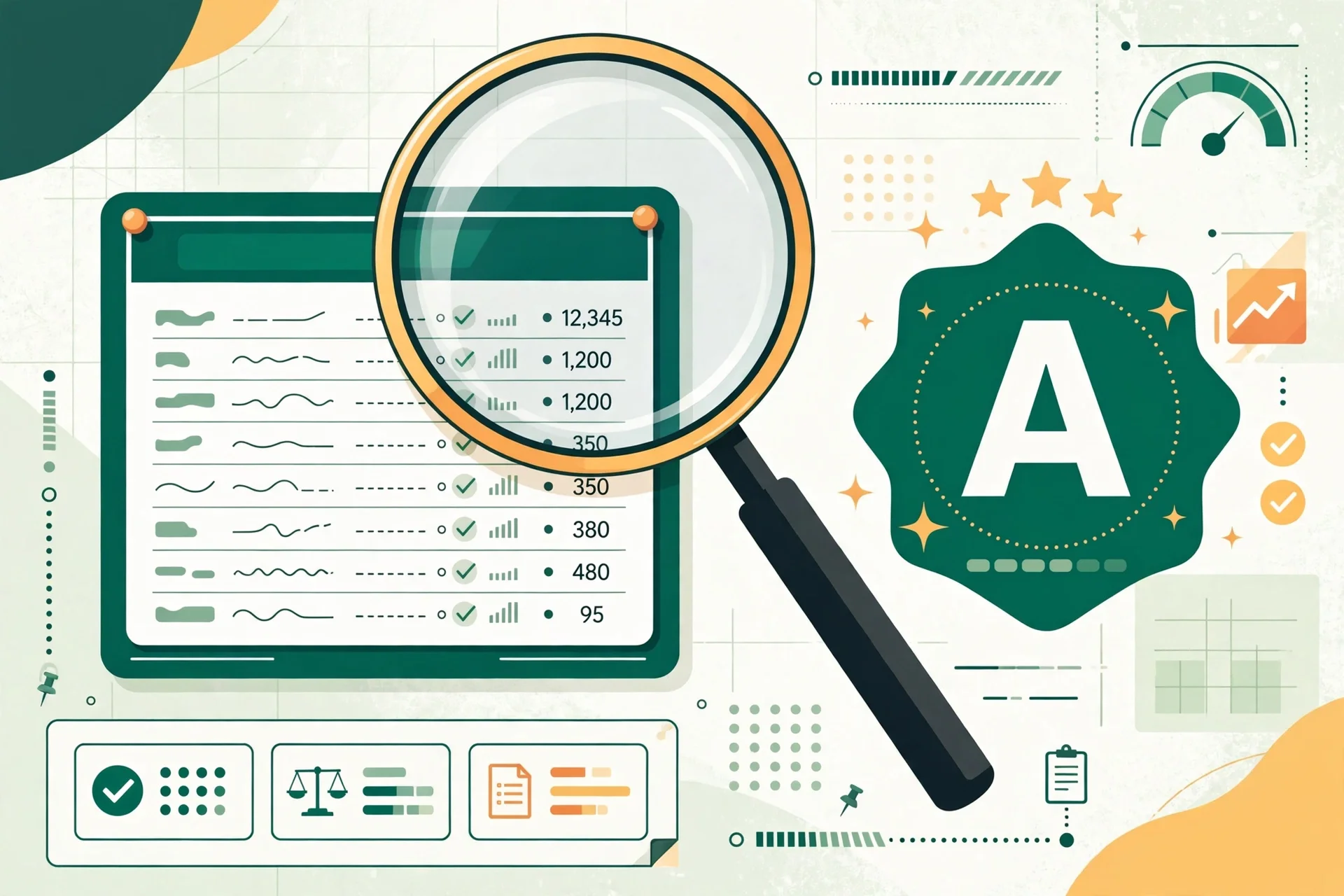 An itemized dealer price sheet under a magnifying glass, beside a green grade A badge
