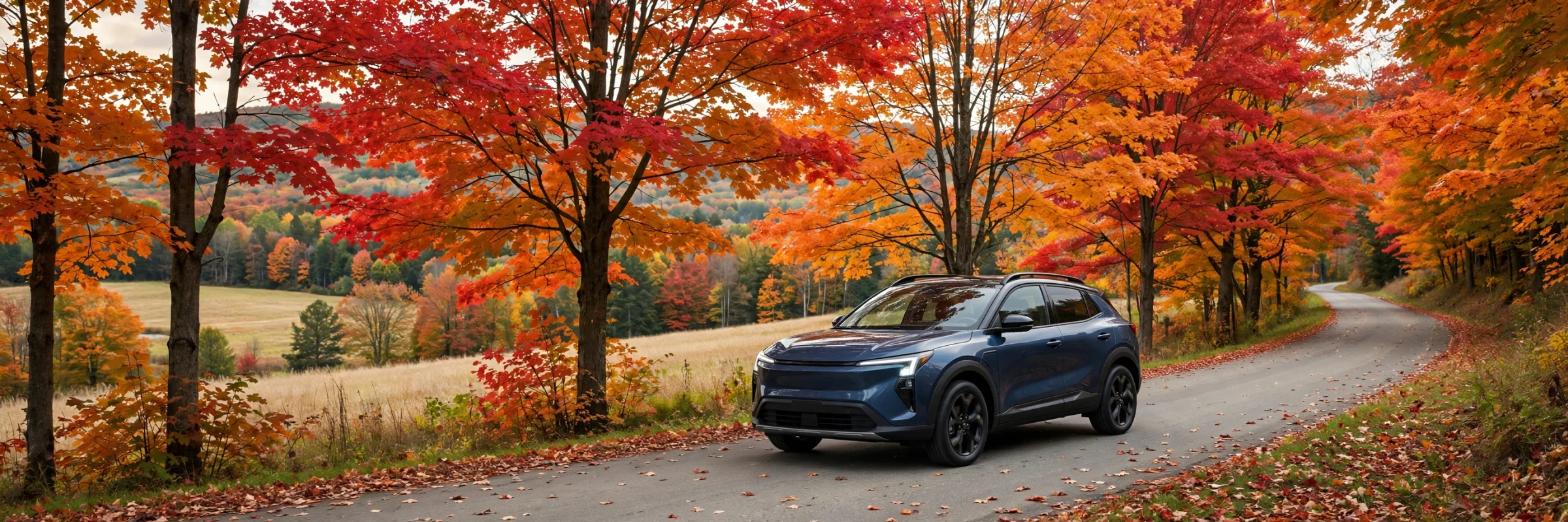 A compact SUV on a New Hampshire road in autumn