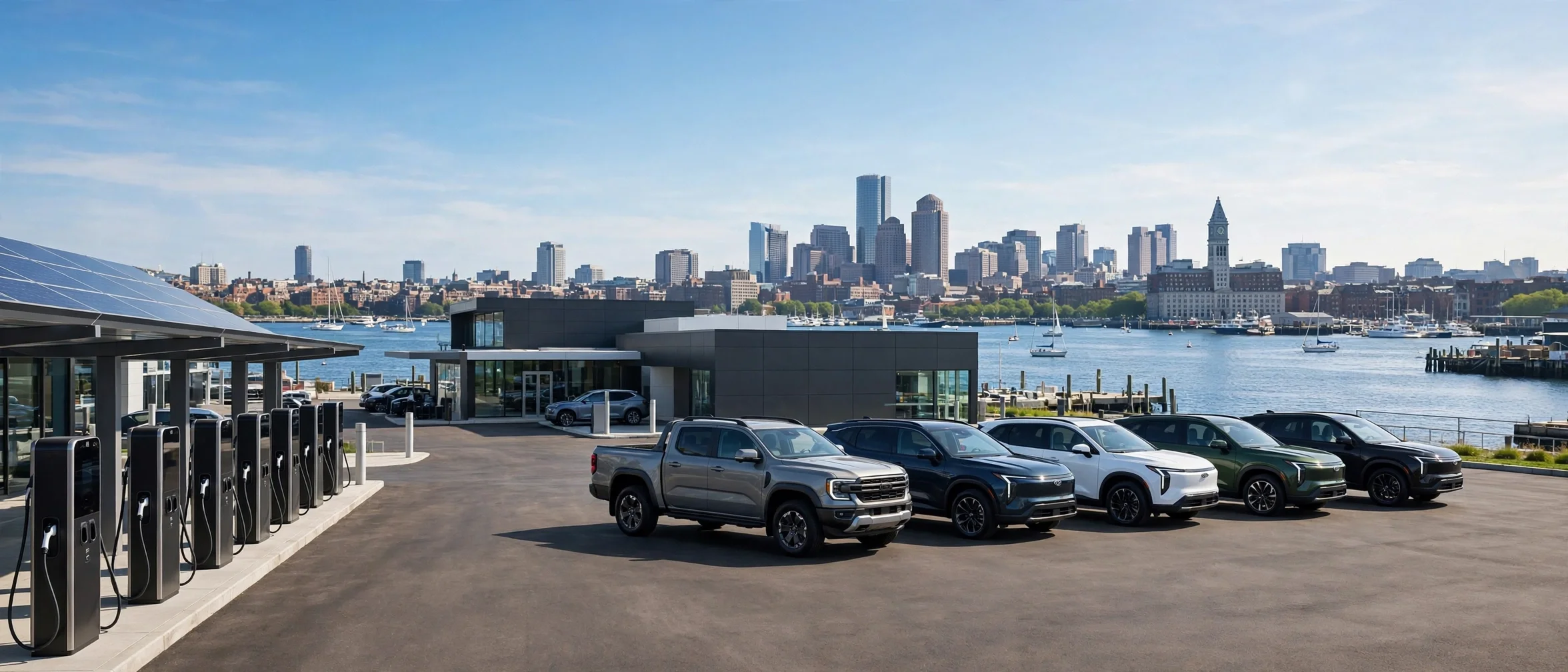 A dealership forecourt with new trucks, SUVs, and EV chargers in morning light, Boston harbor and skyline behind