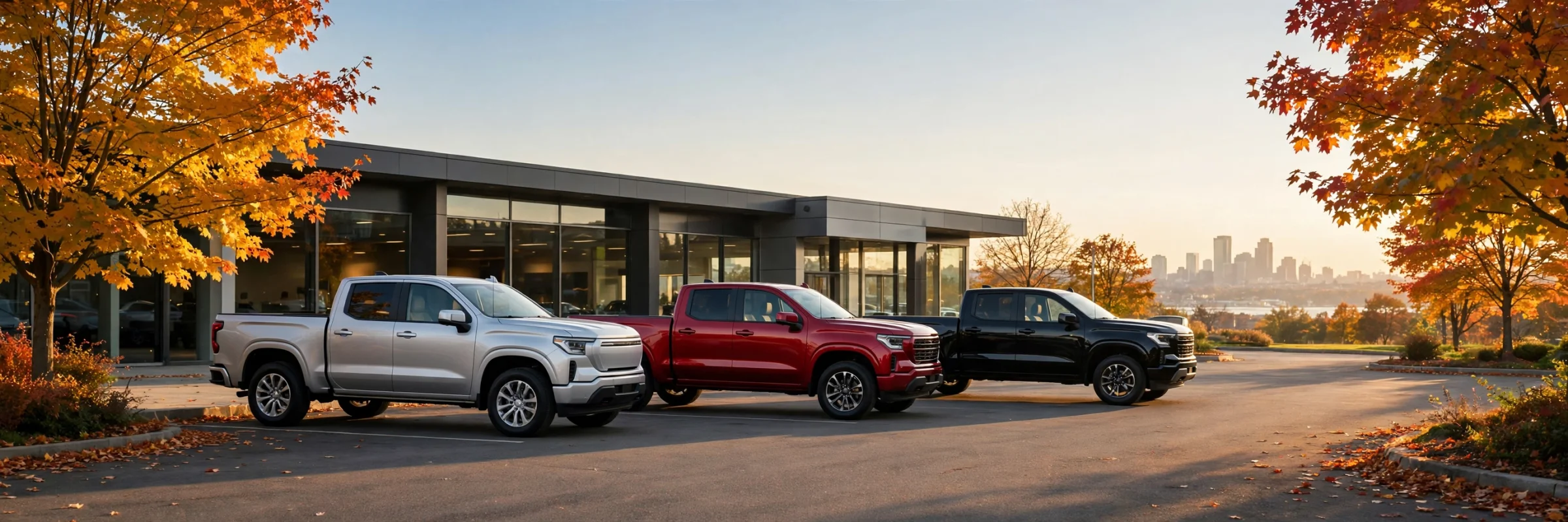 A row of new pickup trucks on a dealership lot in autumn afternoon light, with the Boston skyline in the distance