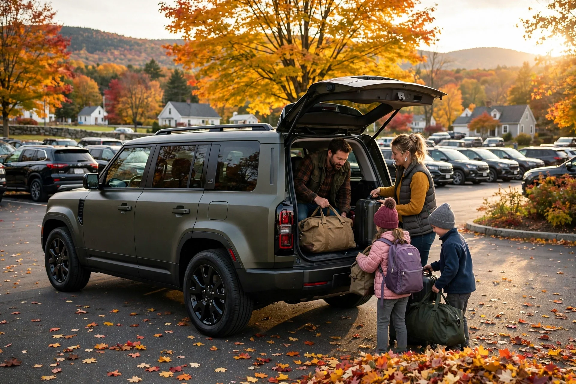 A 2027 Kia Telluride-style three-row SUV on a dealership lot in autumn.