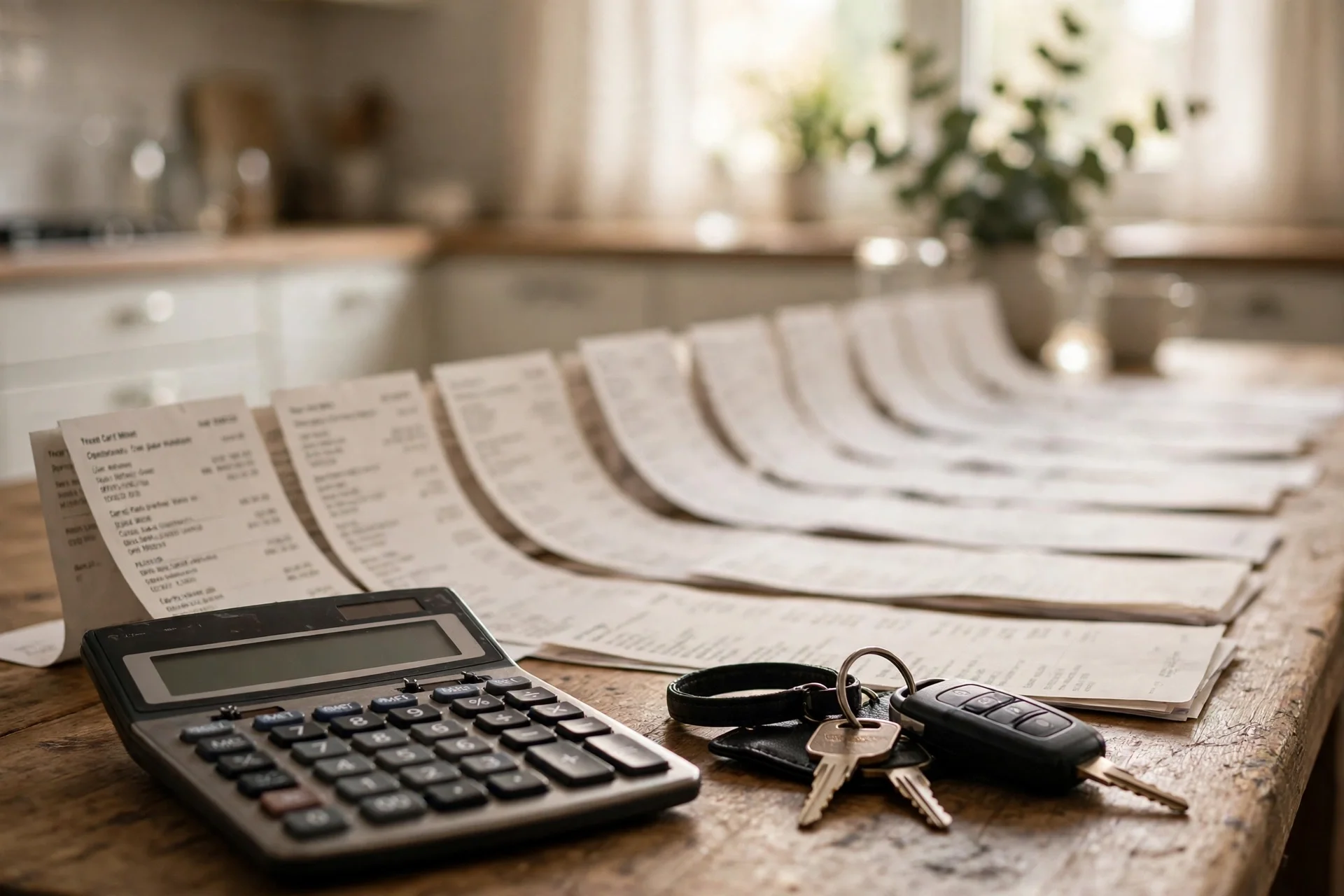 A long row of monthly car payment statements spread across a kitchen table, with car keys and a calculator in the foreground