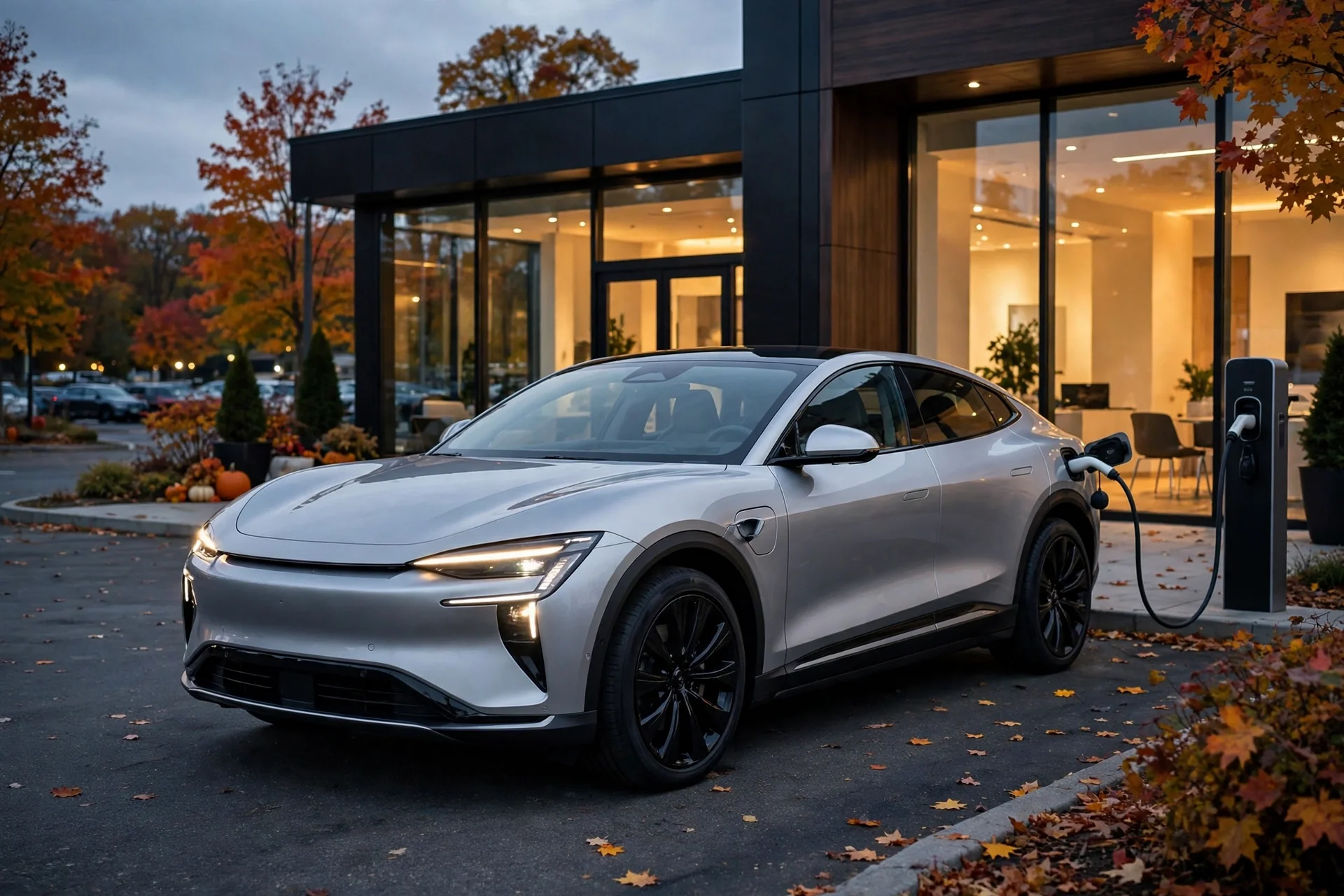 An electric crossover SUV charging at a dealership at dusk.