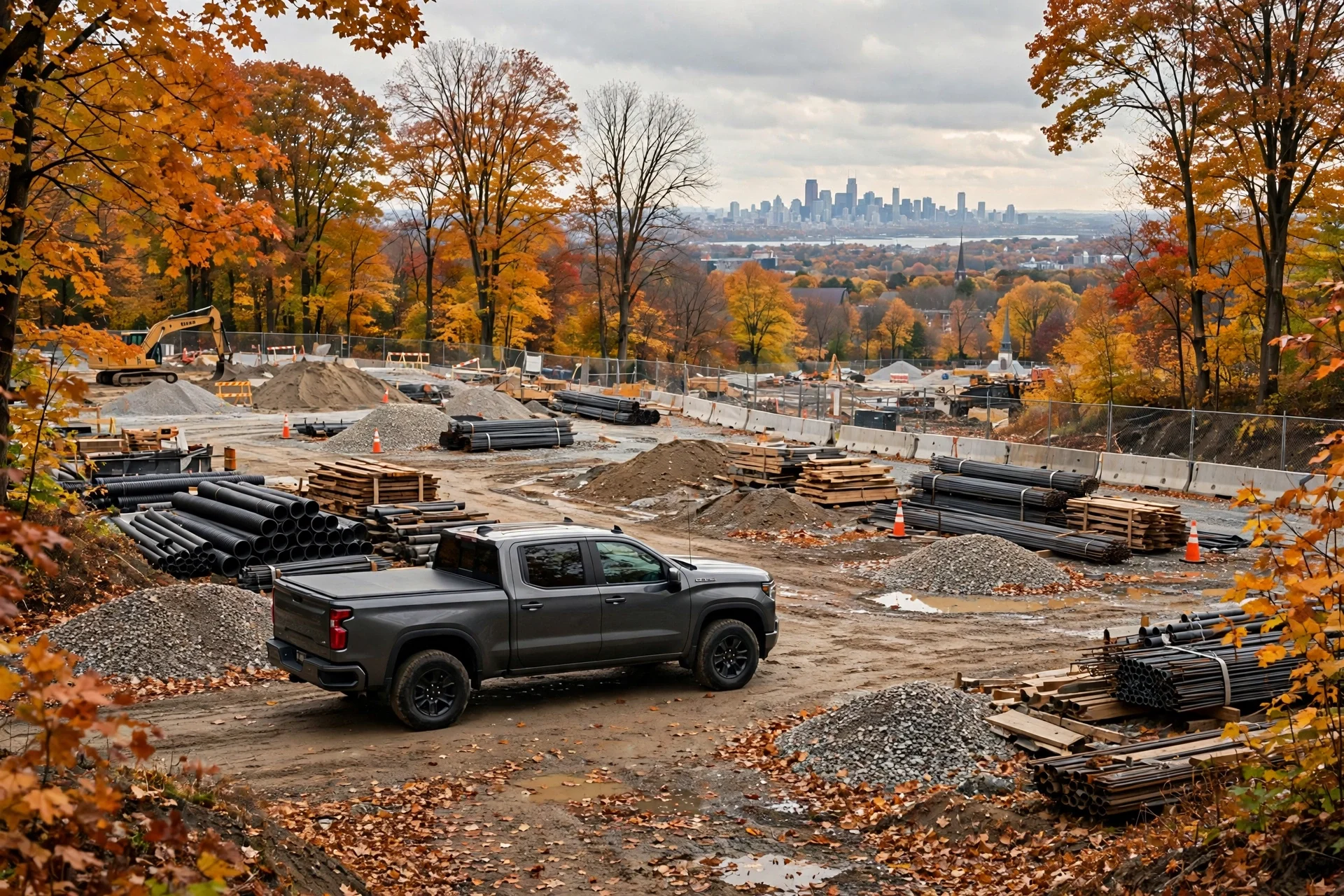 A Ram 1500-style full-size pickup truck at a New England construction site in autumn.