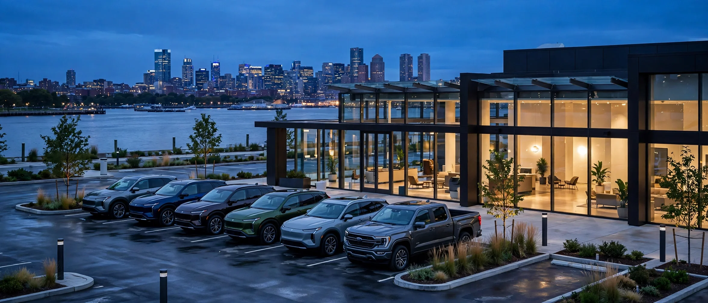 A modern car dealership showroom and rows of new SUVs at dusk, with the Boston skyline across the harbor