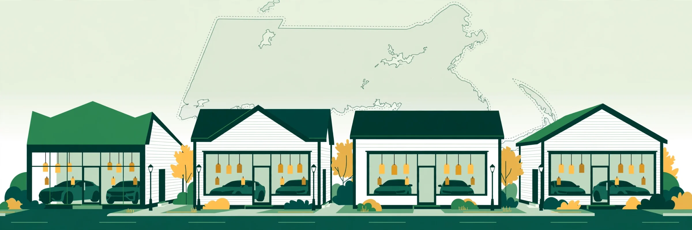 A row of Massachusetts dealership showrooms with price tags in the windows, under an outline of Massachusetts
