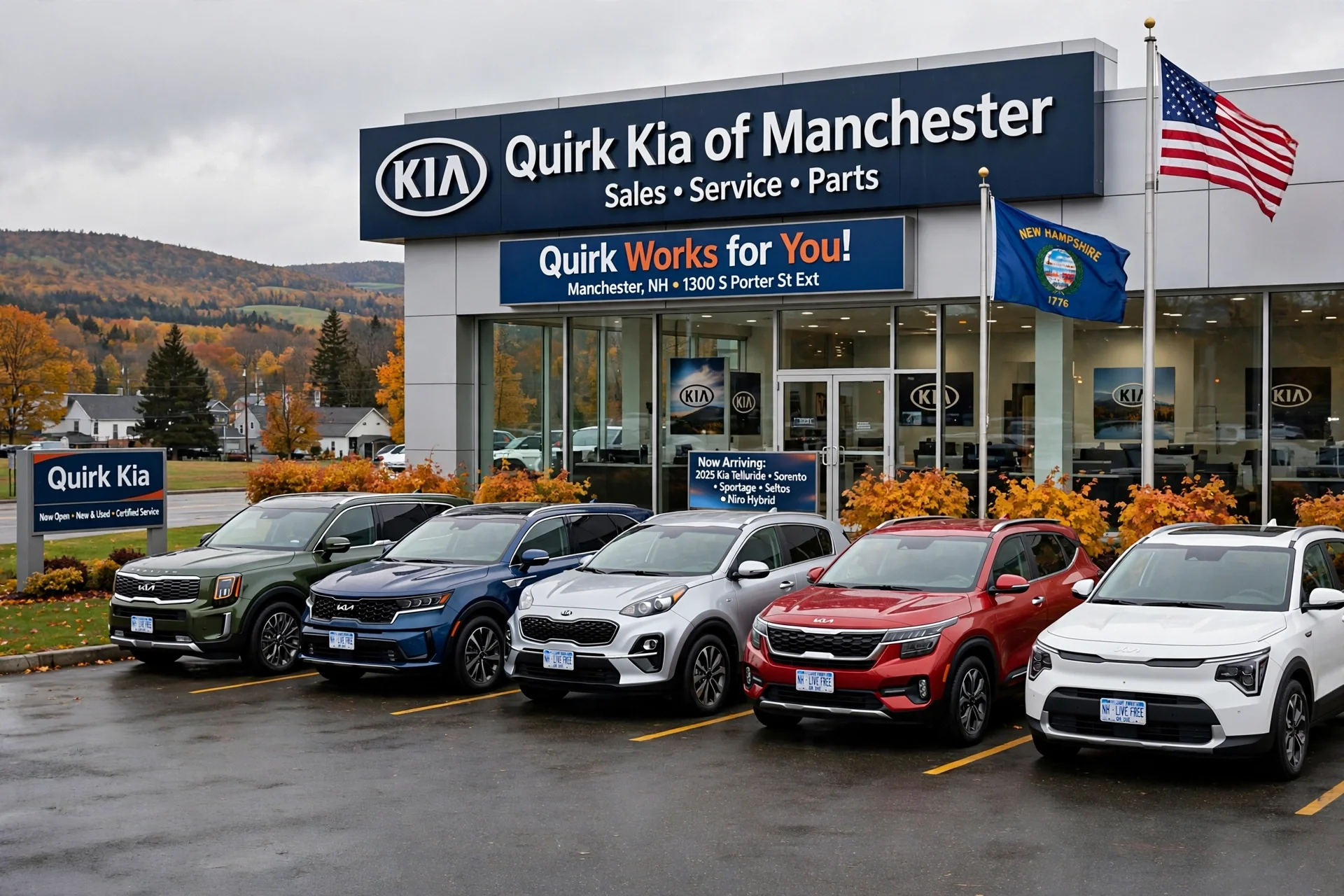 Row of new Kia SUVs and crossovers parked outside a Kia dealership in New Hampshire.