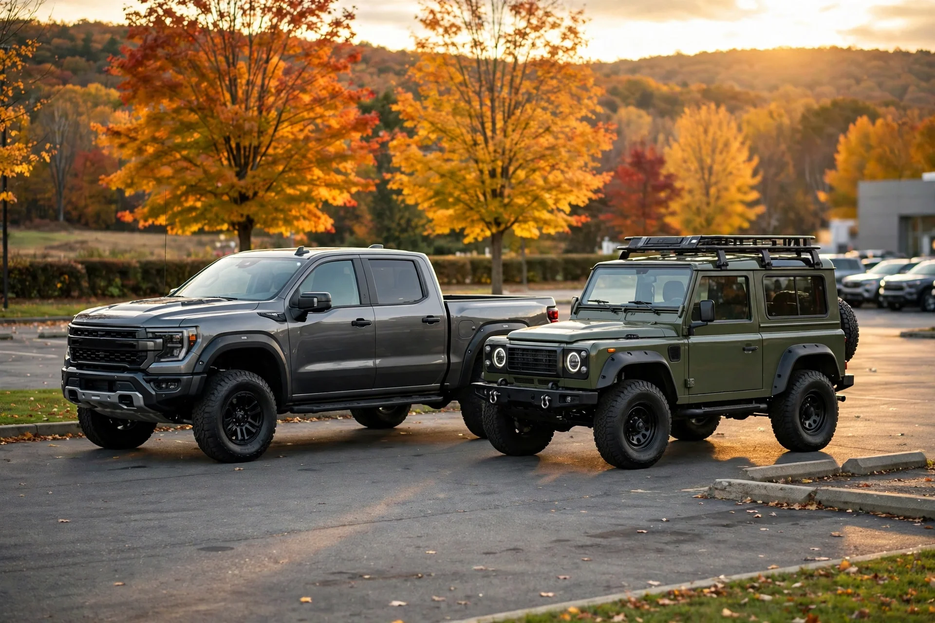 A pickup truck and off-road SUV on a dealership lot at golden hour