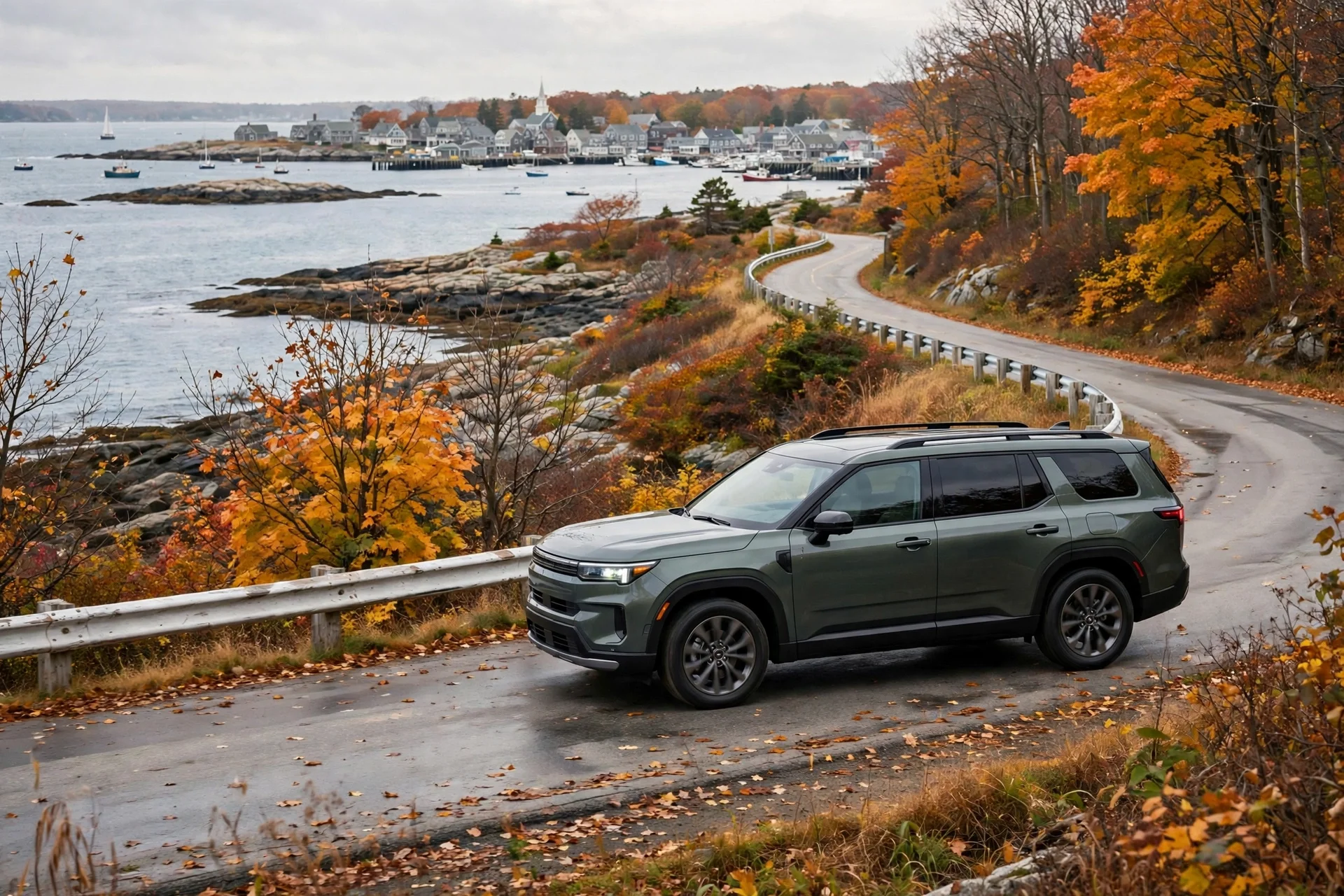 Ford Explorer three-row SUV on a New England coastal road in autumn