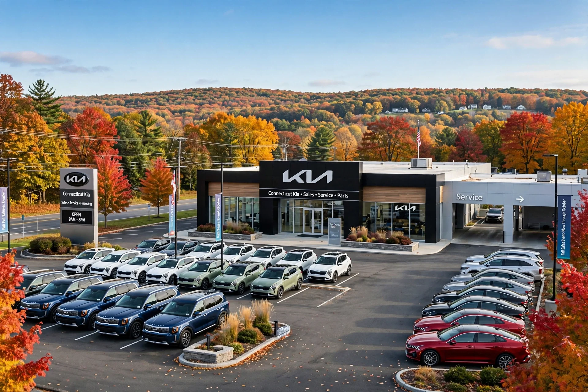 Kia dealership showroom with new Kia vehicles on display