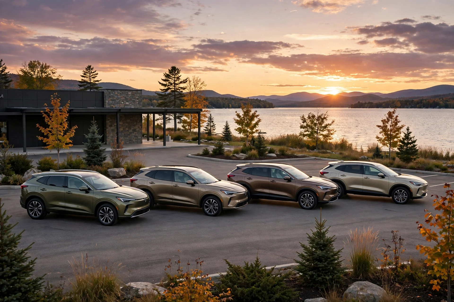 New Subaru SUVs outside a dealership near Burlington Vermont at sunset
