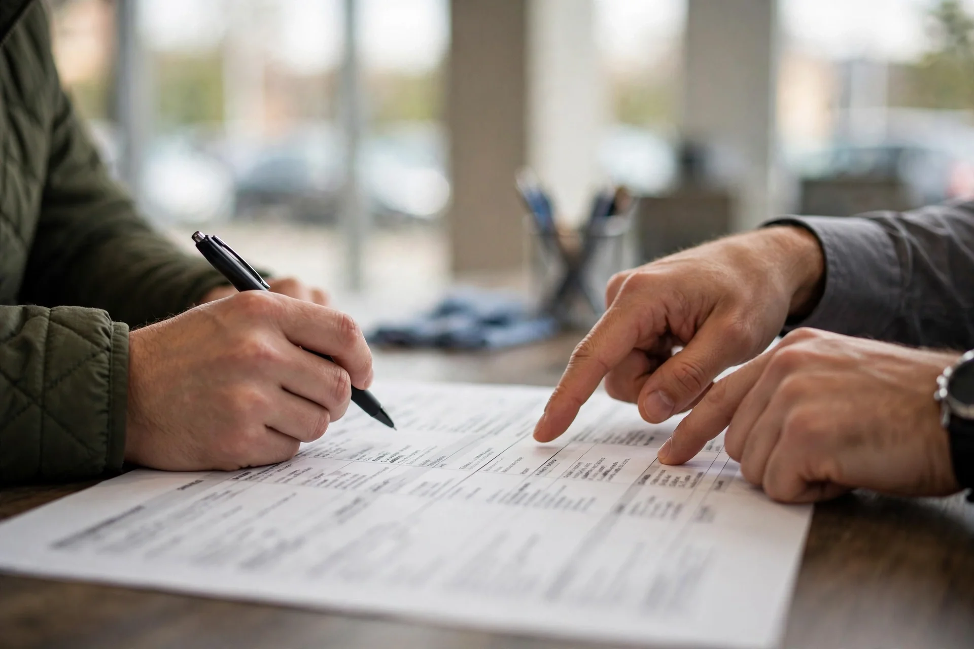 A buyer reviewing a vehicle price breakdown at a dealership desk